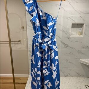 J. Crew One-Shoulder Dress in Blue and White Leaf Print
